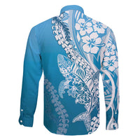 Hawaii Puakenikeni And Maile Lei Family Matching Off Shoulder Short Dress and Hawaiian Shirt Blue Polynesian Shark Tattoo DT05