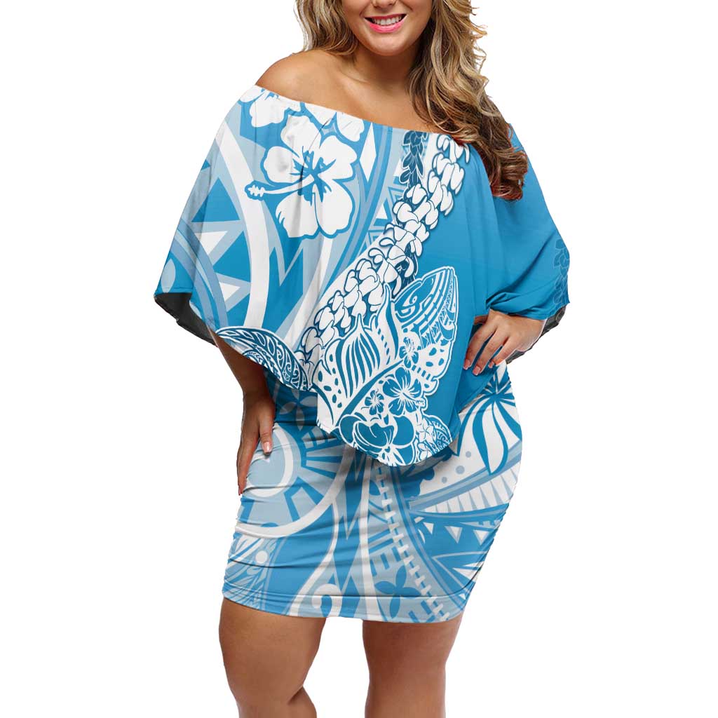 Hawaii Puakenikeni And Maile Lei Family Matching Off Shoulder Short Dress and Hawaiian Shirt Blue Polynesian Shark Tattoo DT05