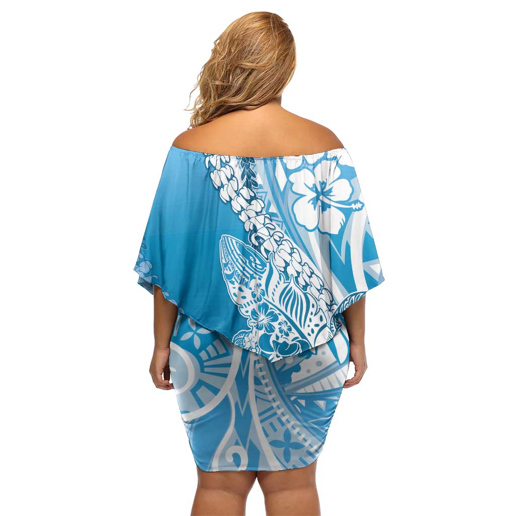 Hawaii Puakenikeni And Maile Lei Family Matching Off Shoulder Short Dress and Hawaiian Shirt Blue Polynesian Shark Tattoo DT05