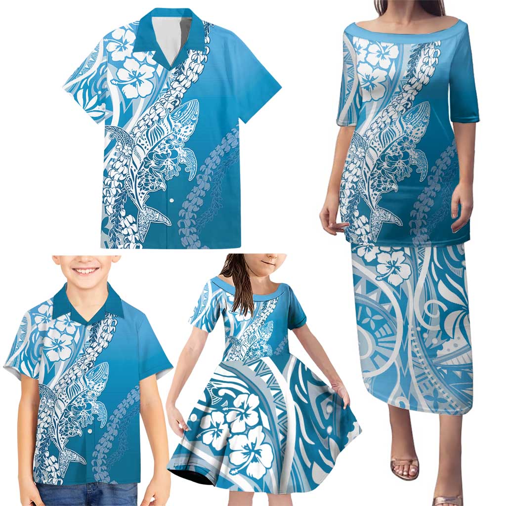 Hawaii Puakenikeni And Maile Lei Family Matching Puletasi and Hawaiian Shirt Blue Polynesian Shark Tattoo DT05 - Polynesian Pride