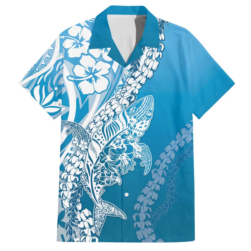 Hawaii Puakenikeni And Maile Lei Family Matching Puletasi and Hawaiian Shirt Blue Polynesian Shark Tattoo DT05 Dad's Shirt - Short Sleeve Blue - Polynesian Pride