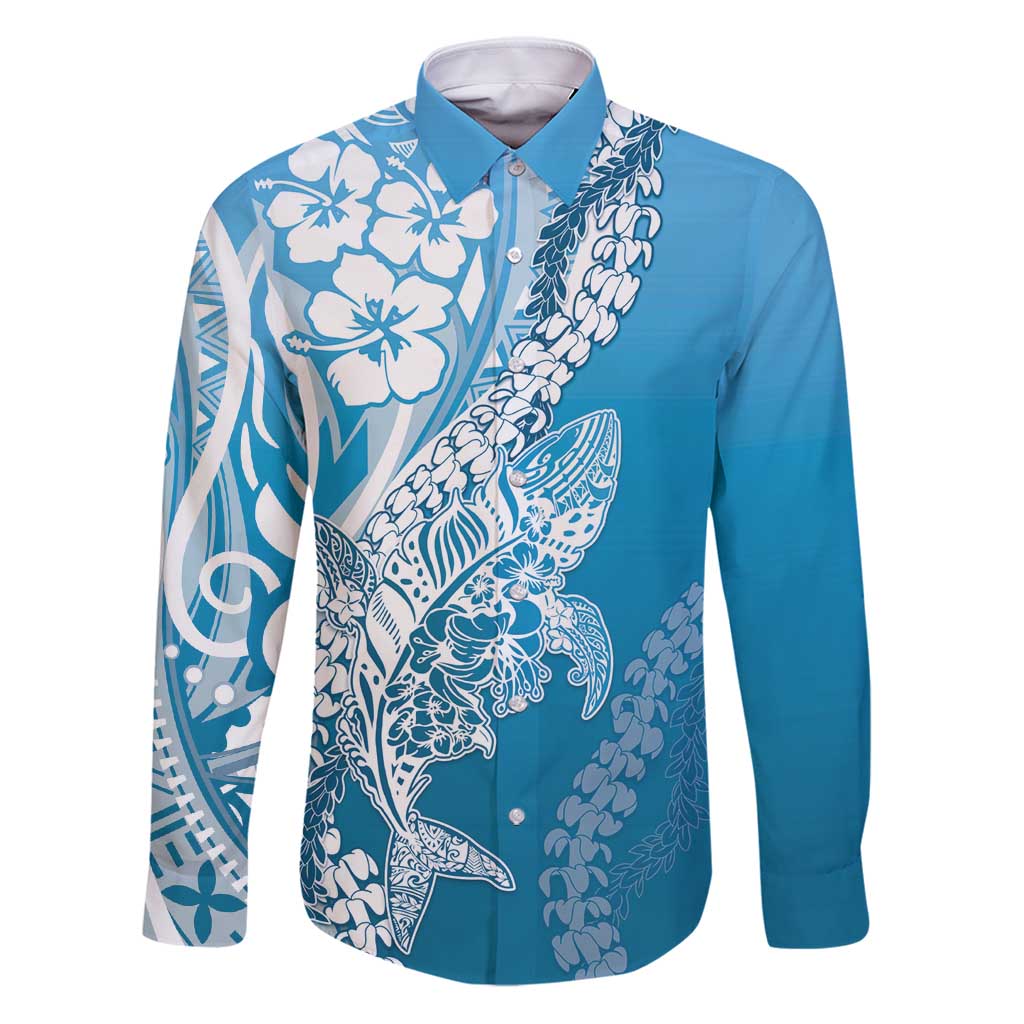 Hawaii Puakenikeni And Maile Lei Family Matching Puletasi and Hawaiian Shirt Blue Polynesian Shark Tattoo DT05 Dad's Shirt - Long Sleeve Blue - Polynesian Pride
