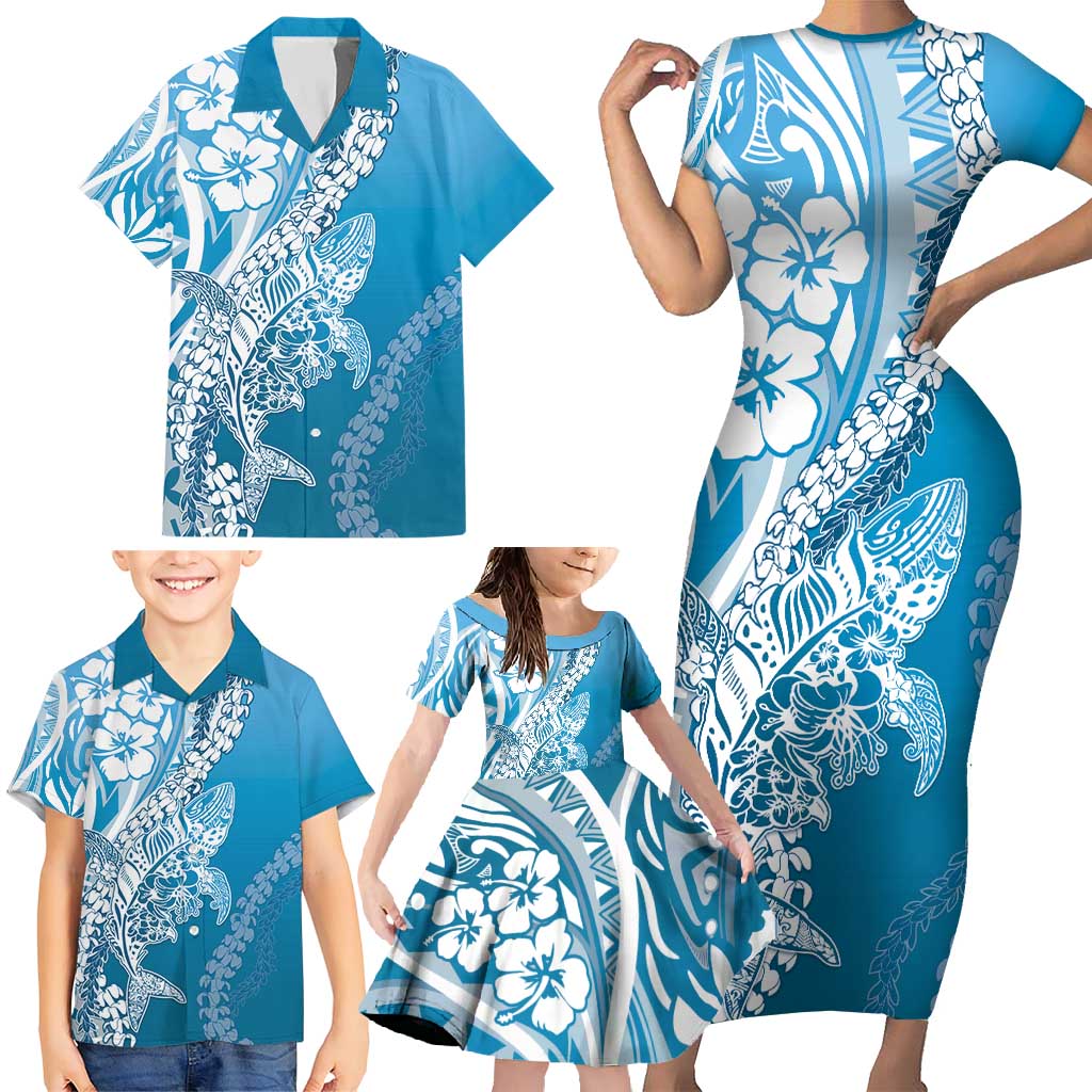 Hawaii Puakenikeni And Maile Lei Family Matching Short Sleeve Bodycon Dress and Hawaiian Shirt Blue Polynesian Shark Tattoo DT05