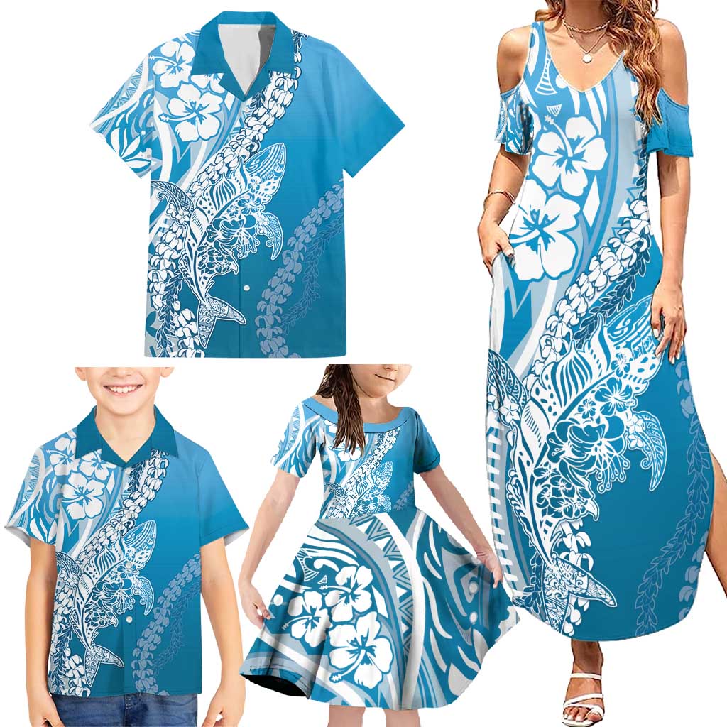 Hawaii Puakenikeni And Maile Lei Family Matching Summer Maxi Dress and Hawaiian Shirt Blue Polynesian Shark Tattoo DT05