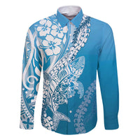 Hawaii Puakenikeni And Maile Lei Family Matching Summer Maxi Dress and Hawaiian Shirt Blue Polynesian Shark Tattoo DT05 Dad's Shirt - Long Sleeve Blue - Polynesian Pride