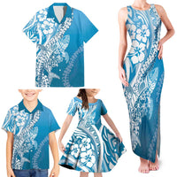Hawaii Puakenikeni And Maile Lei Family Matching Tank Maxi Dress and Hawaiian Shirt Blue Polynesian Shark Tattoo DT05
