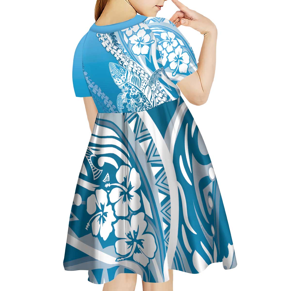Hawaii Puakenikeni And Maile Lei Kid Short Sleeve Dress Blue Polynesian Shark Tattoo DT05 - Polynesian Pride