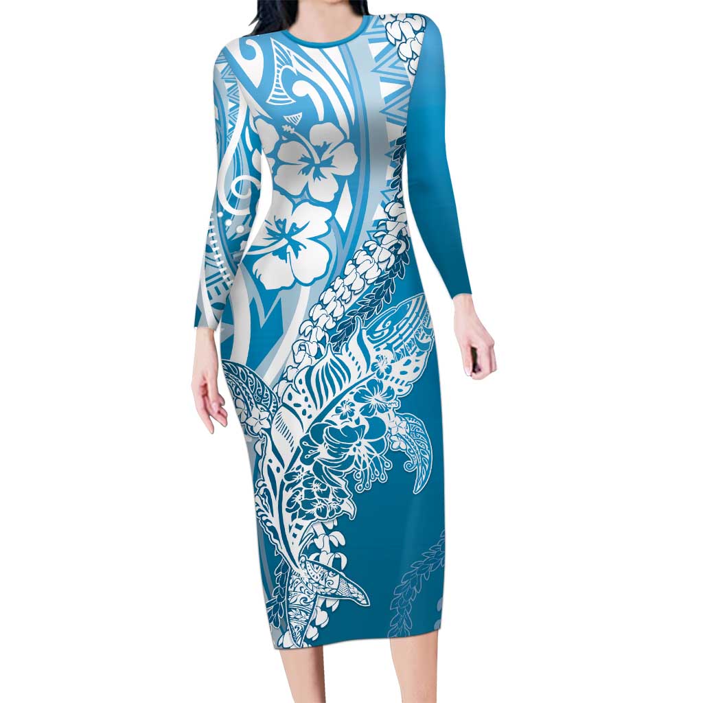 Hawaii Puakenikeni And Maile Lei Long Sleeve Bodycon Dress Blue Polynesian Shark Tattoo DT05 Long Dress Blue - Polynesian Pride
