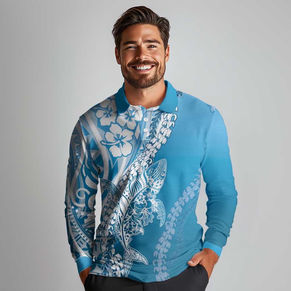 Hawaii Puakenikeni And Maile Lei Long Sleeve Polo Shirt Blue Polynesian Shark Tattoo DT05 - Polynesian Pride