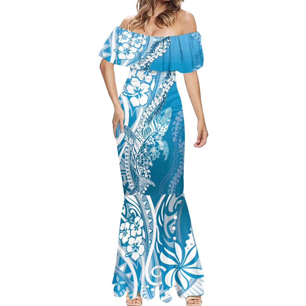 Hawaii Puakenikeni And Maile Lei Mermaid Dress Blue Polynesian Shark Tattoo DT05 - Polynesian Pride