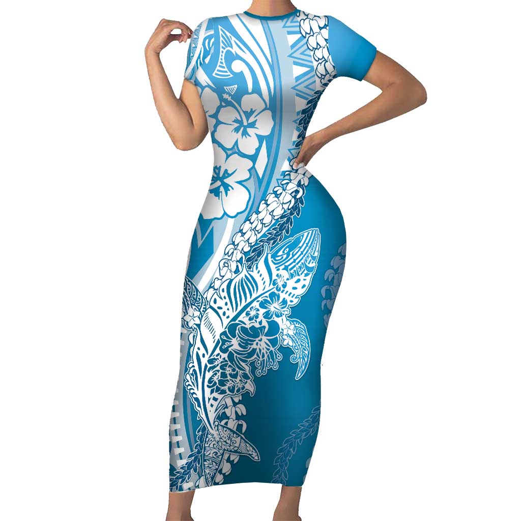 Hawaii Puakenikeni And Maile Lei Short Sleeve Bodycon Dress Blue Polynesian Shark Tattoo DT05 Long Dress Blue - Polynesian Pride