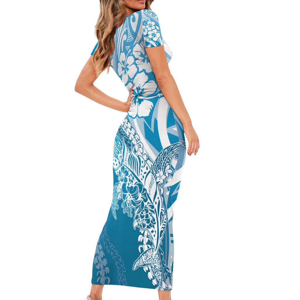 Hawaii Puakenikeni And Maile Lei Short Sleeve Bodycon Dress Blue Polynesian Shark Tattoo DT05 - Polynesian Pride