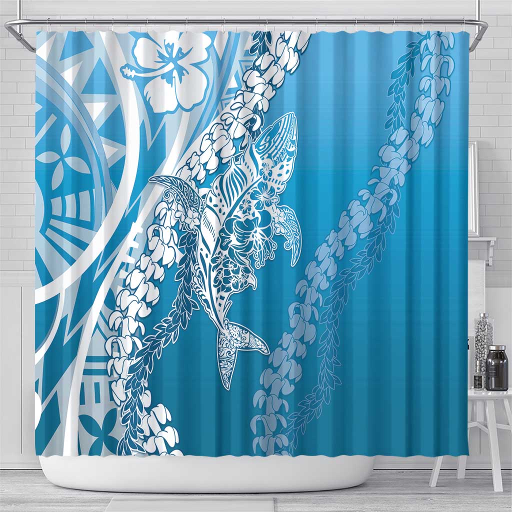 Hawaii Puakenikeni And Maile Lei Shower Curtain Blue Polynesian Shark Tattoo DT05