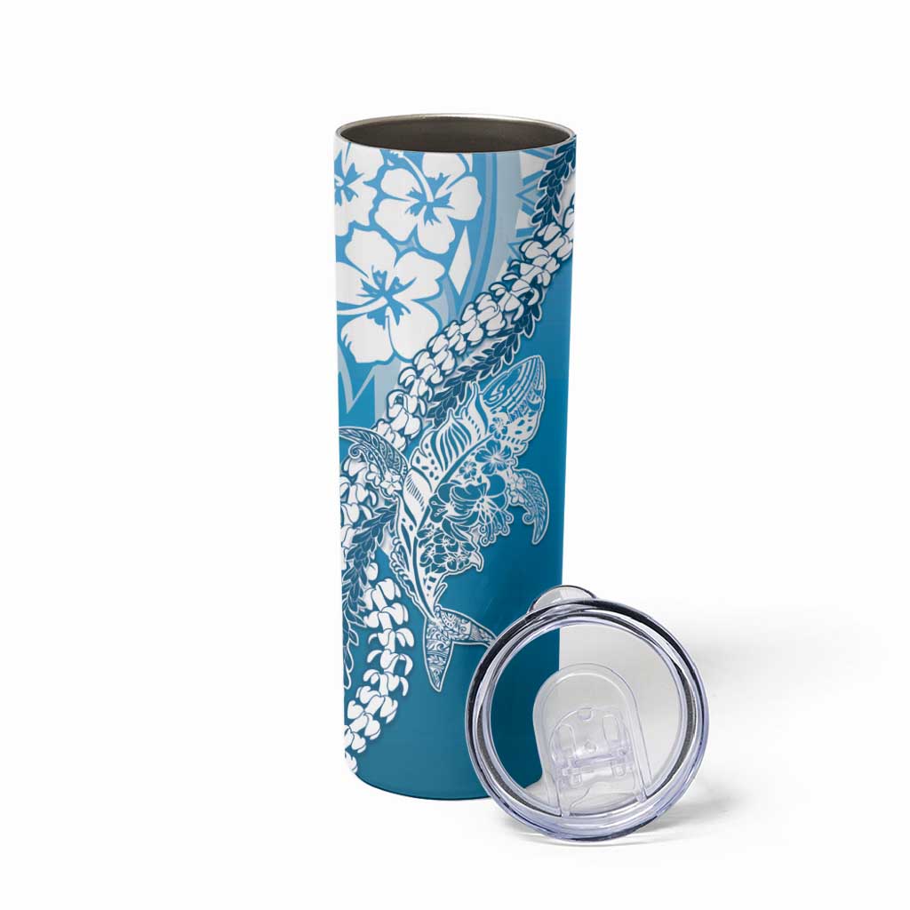 Hawaii Puakenikeni And Maile Lei Skinny Tumbler Blue Polynesian Shark Tattoo DT05 - Polynesian Pride