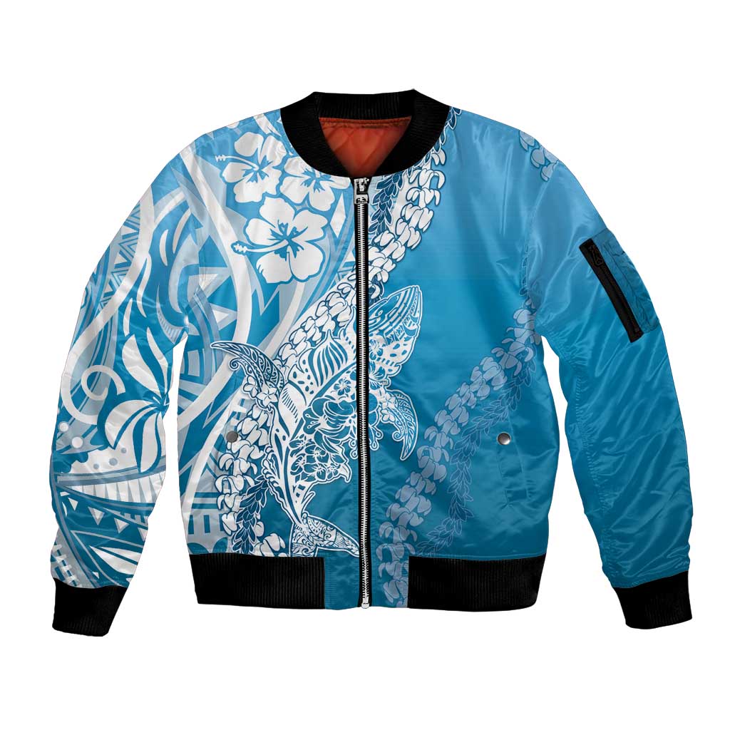 Hawaii Puakenikeni And Maile Lei Sleeve Zip Bomber Jacket Blue Polynesian Shark Tattoo DT05 Unisex Blue - Polynesian Pride
