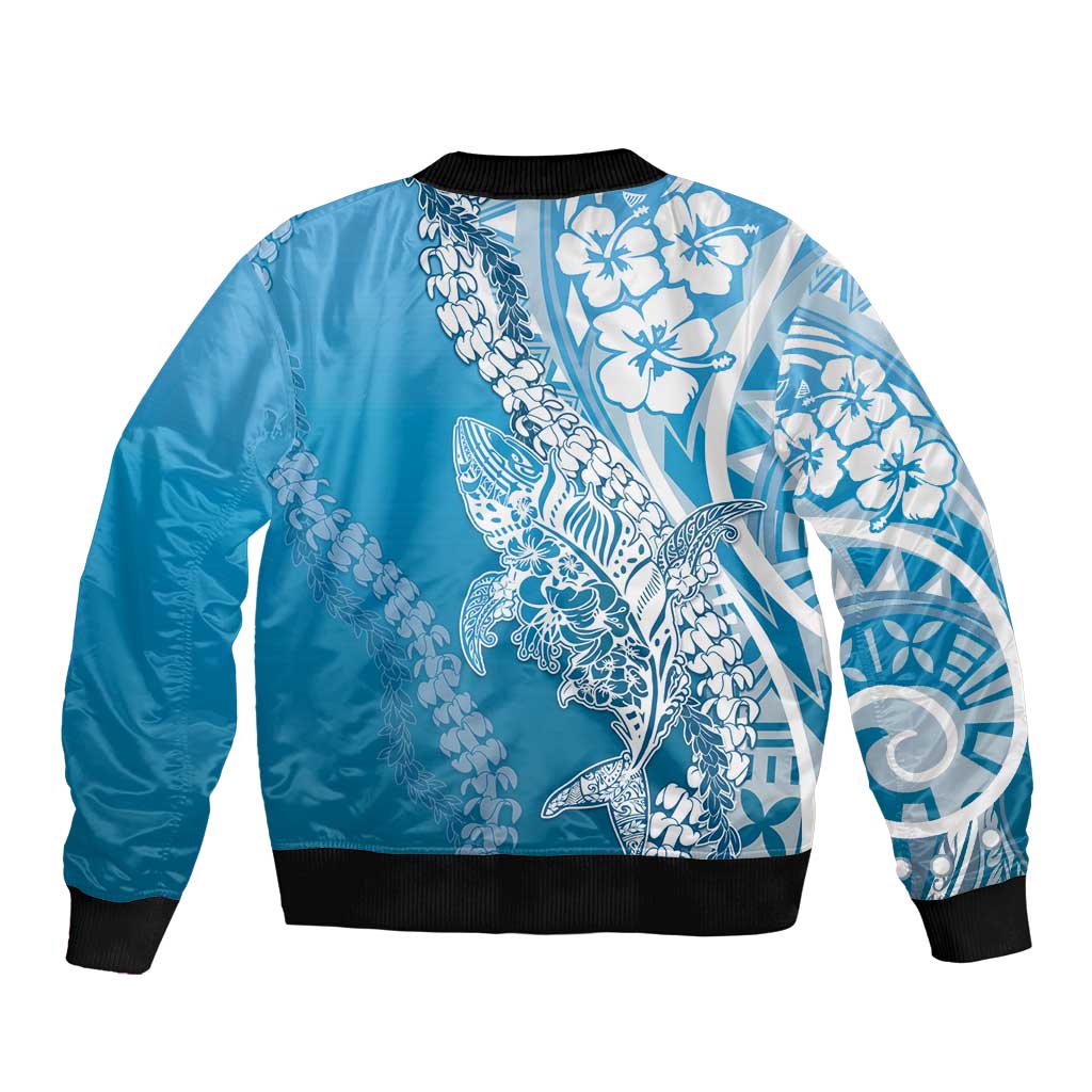 Hawaii Puakenikeni And Maile Lei Sleeve Zip Bomber Jacket Blue Polynesian Shark Tattoo DT05 - Polynesian Pride