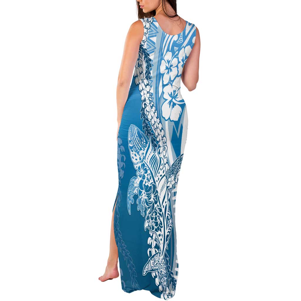 Hawaii Puakenikeni And Maile Lei Tank Maxi Dress Blue Polynesian Shark Tattoo DT05 - Polynesian Pride