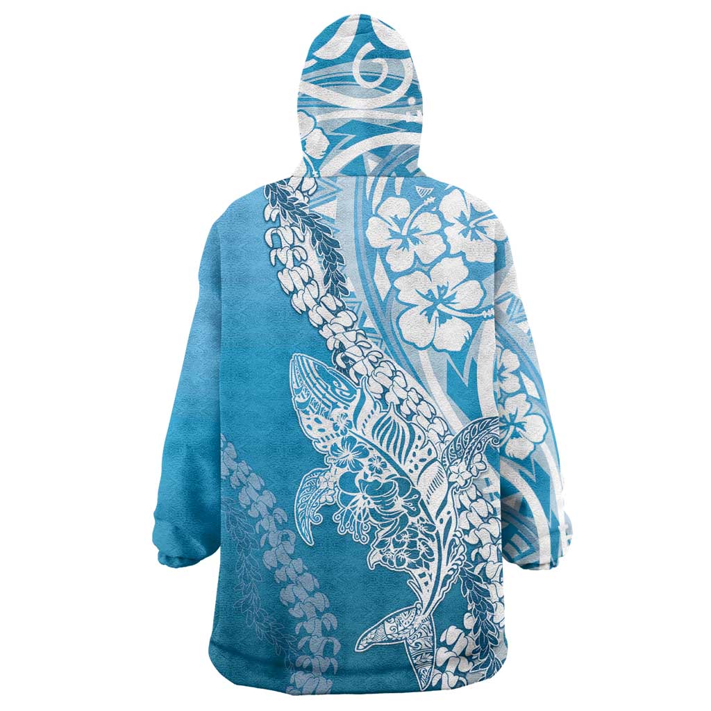 Hawaii Puakenikeni And Maile Lei Wearable Blanket Hoodie Blue Polynesian Shark Tattoo DT05 - Polynesian Pride