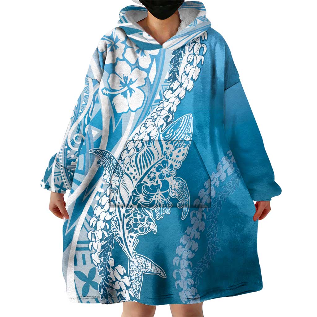 Hawaii Puakenikeni And Maile Lei Wearable Blanket Hoodie Blue Polynesian Shark Tattoo DT05 - Polynesian Pride