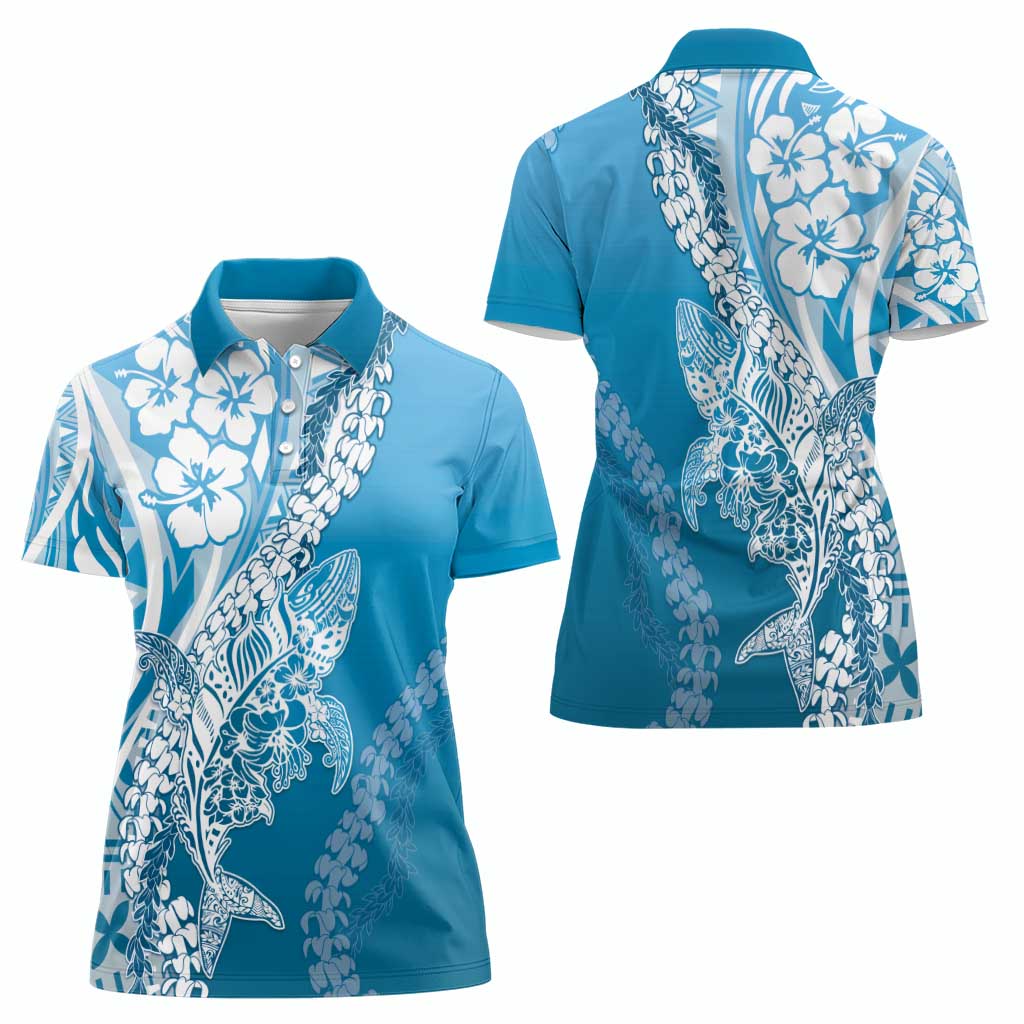 Hawaii Puakenikeni And Maile Lei Women Polo Shirt Blue Polynesian Shark Tattoo DT05 - Polynesian Pride
