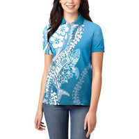 Hawaii Puakenikeni And Maile Lei Women Polo Shirt Blue Polynesian Shark Tattoo DT05 - Polynesian Pride