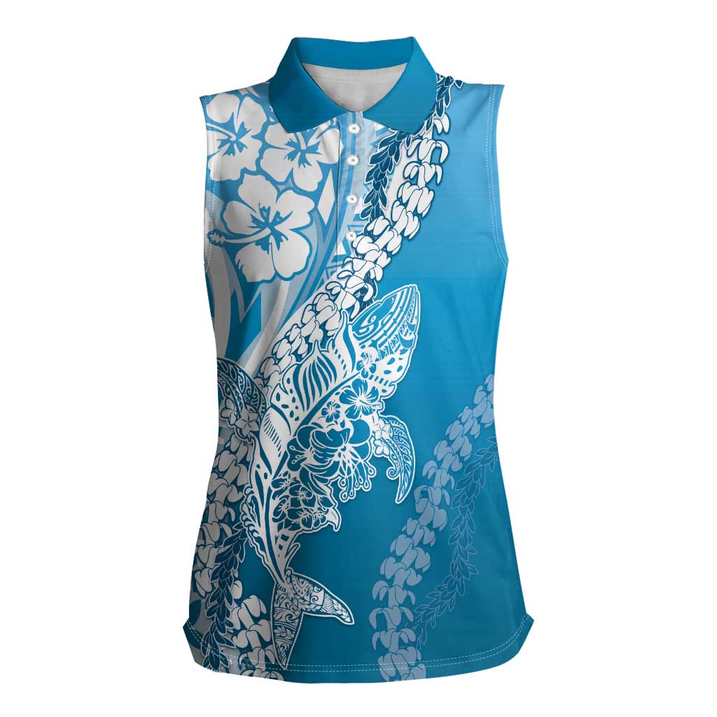 Hawaii Puakenikeni And Maile Lei Women Sleeveless Polo Shirt Blue Polynesian Shark Tattoo DT05 Female Blue - Polynesian Pride