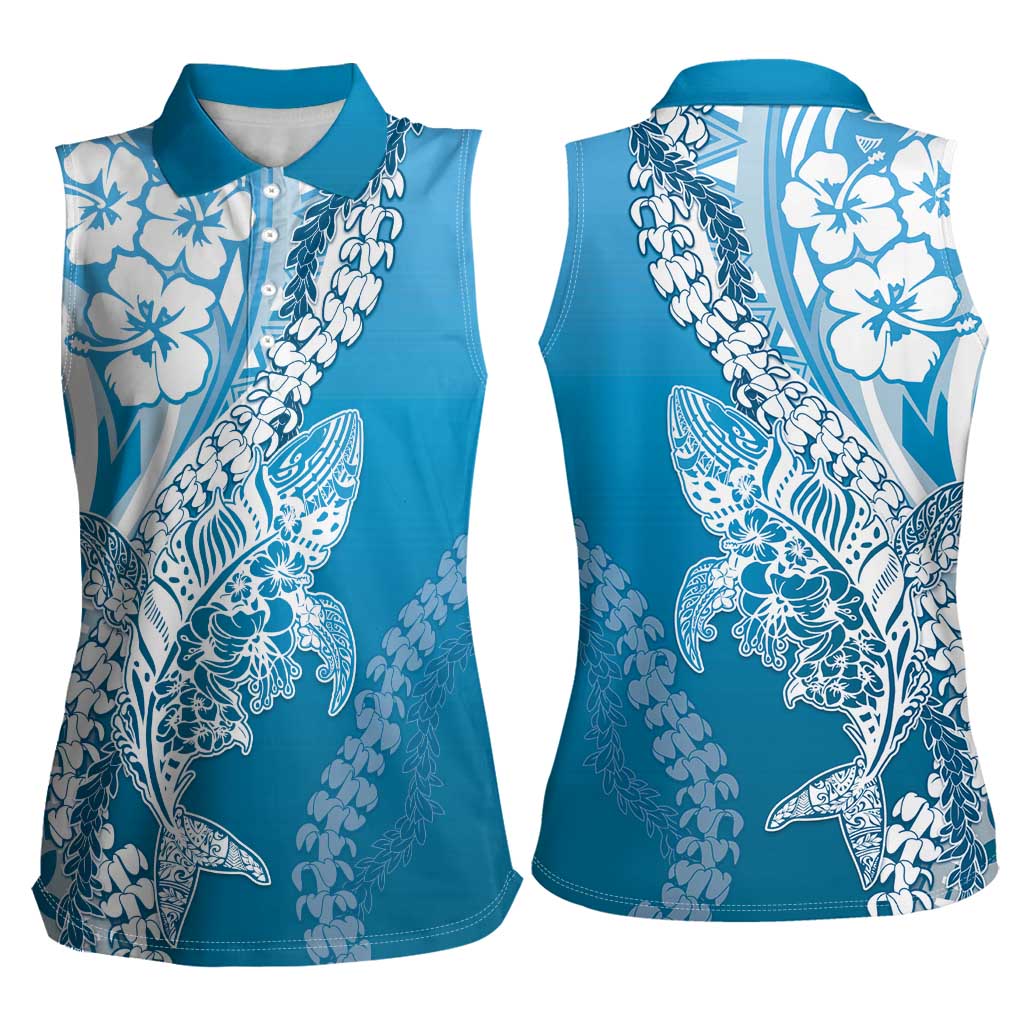 Hawaii Puakenikeni And Maile Lei Women Sleeveless Polo Shirt Blue Polynesian Shark Tattoo DT05 - Polynesian Pride