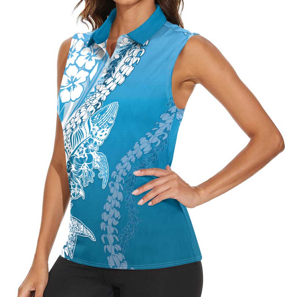 Hawaii Puakenikeni And Maile Lei Women Sleeveless Polo Shirt Blue Polynesian Shark Tattoo DT05 - Polynesian Pride
