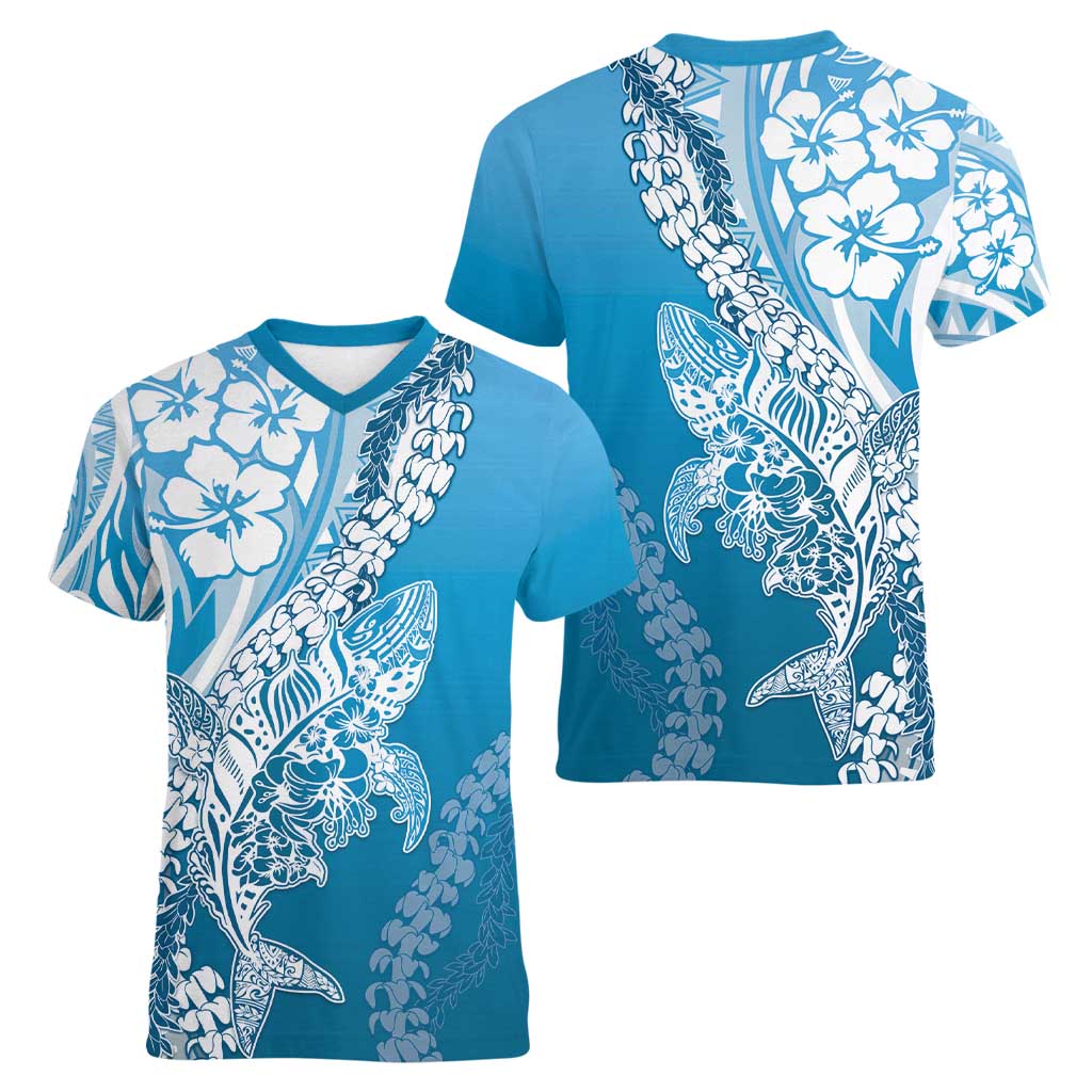 Hawaii Puakenikeni And Maile Lei Women V-Neck T-Shirt Blue Polynesian Shark Tattoo DT05 - Polynesian Pride