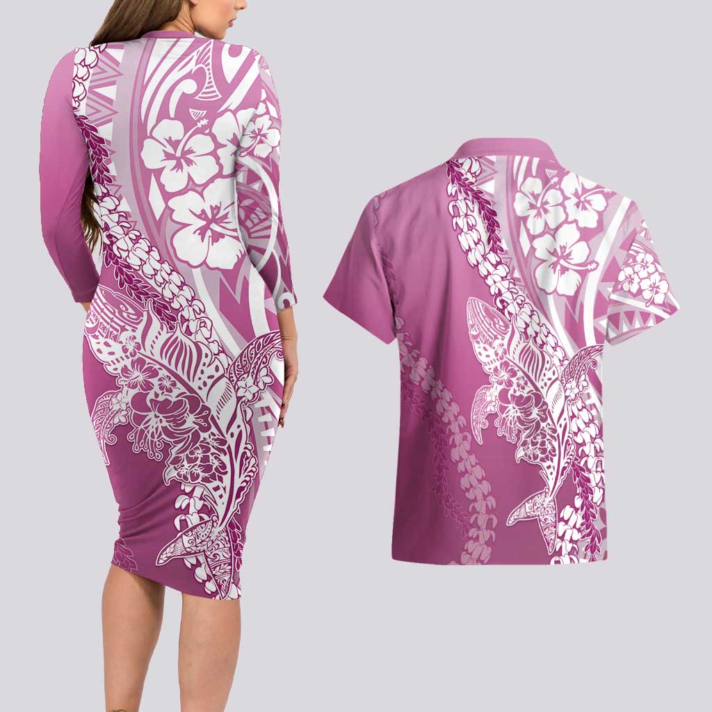 Hawaii Puakenikeni And Maile Lei Couples Matching Long Sleeve Bodycon Dress and Hawaiian Shirt Pink Polynesian Shark Tattoo DT05
