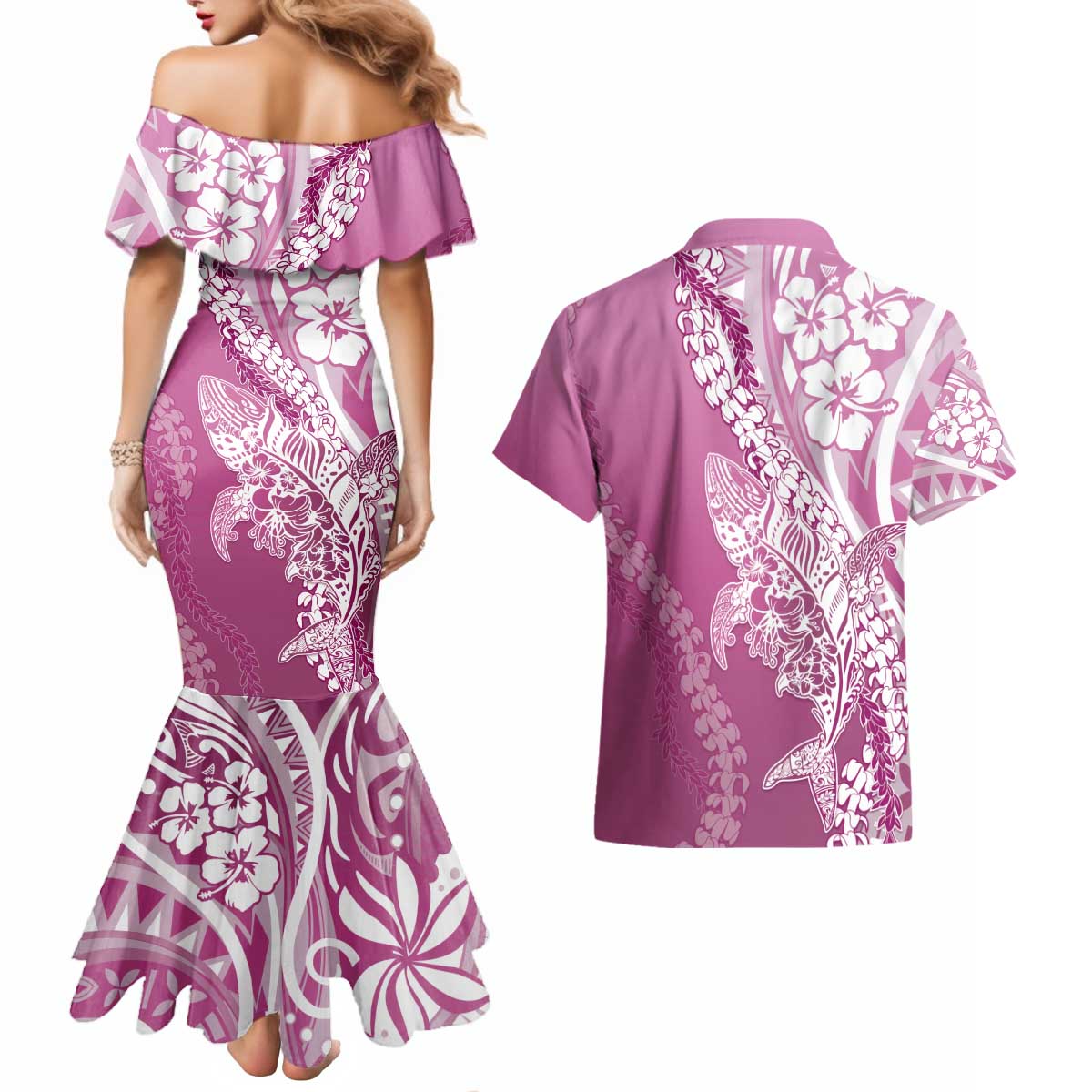 Hawaii Puakenikeni And Maile Lei Couples Matching Mermaid Dress and Hawaiian Shirt Pink Polynesian Shark Tattoo DT05