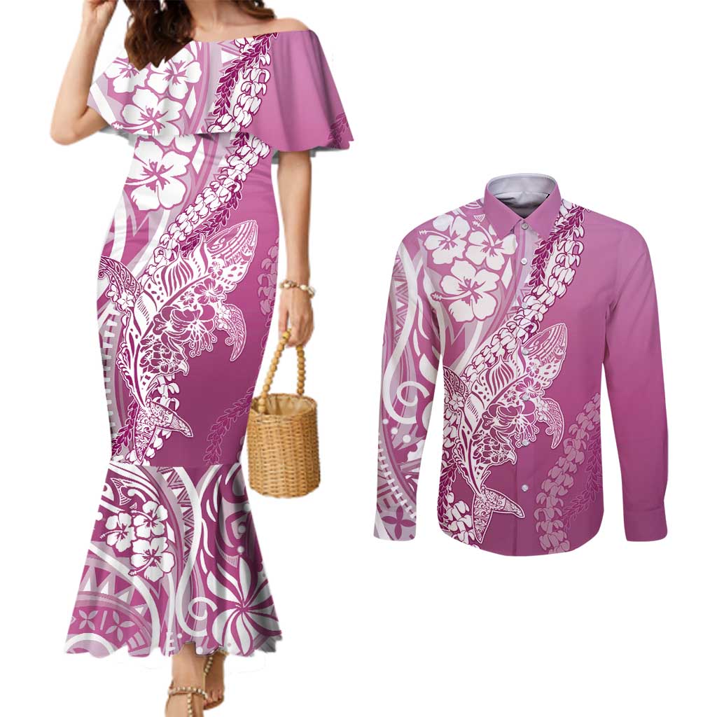 Hawaii Puakenikeni And Maile Lei Couples Matching Mermaid Dress and Long Sleeve Button Shirt Pink Polynesian Shark Tattoo DT05