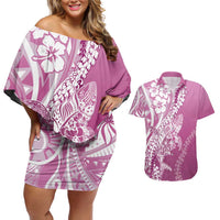 Hawaii Puakenikeni And Maile Lei Couples Matching Off Shoulder Short Dress and Hawaiian Shirt Pink Polynesian Shark Tattoo DT05