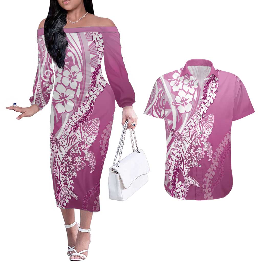 Hawaii Puakenikeni And Maile Lei Couples Matching Off The Shoulder Long Sleeve Dress and Hawaiian Shirt Pink Polynesian Shark Tattoo DT05