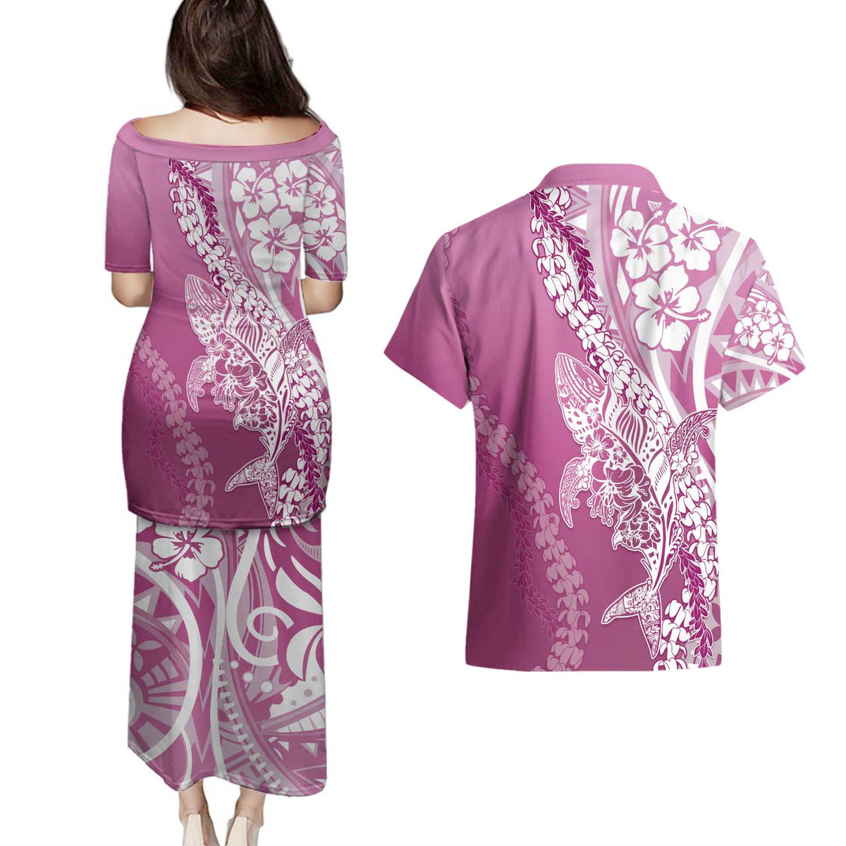 Hawaii Puakenikeni And Maile Lei Couples Matching Puletasi and Hawaiian Shirt Pink Polynesian Shark Tattoo DT05 - Polynesian Pride