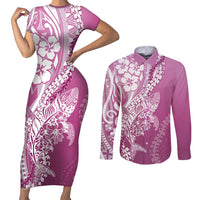 Hawaii Puakenikeni And Maile Lei Couples Matching Short Sleeve Bodycon Dress and Long Sleeve Button Shirt Pink Polynesian Shark Tattoo DT05