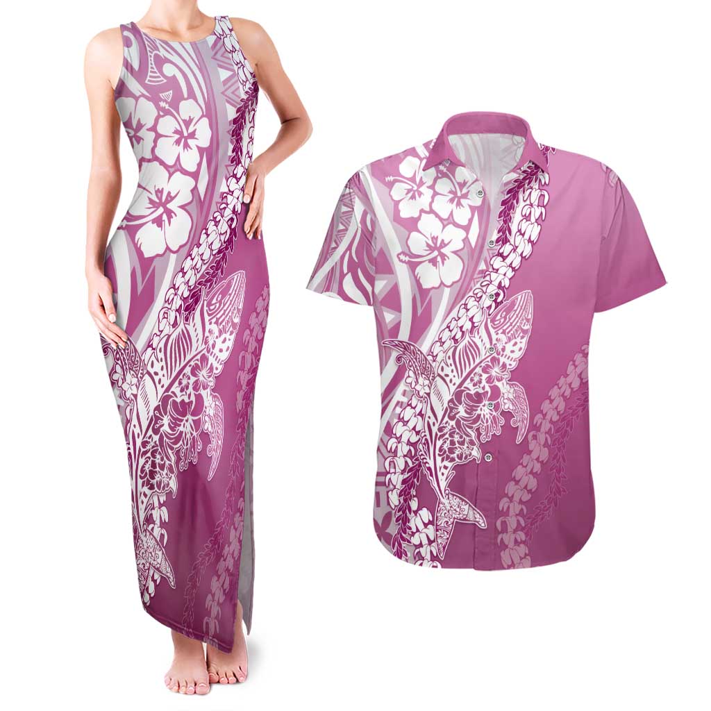 Hawaii Puakenikeni And Maile Lei Couples Matching Tank Maxi Dress and Hawaiian Shirt Pink Polynesian Shark Tattoo DT05