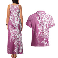 Hawaii Puakenikeni And Maile Lei Couples Matching Tank Maxi Dress and Hawaiian Shirt Pink Polynesian Shark Tattoo DT05