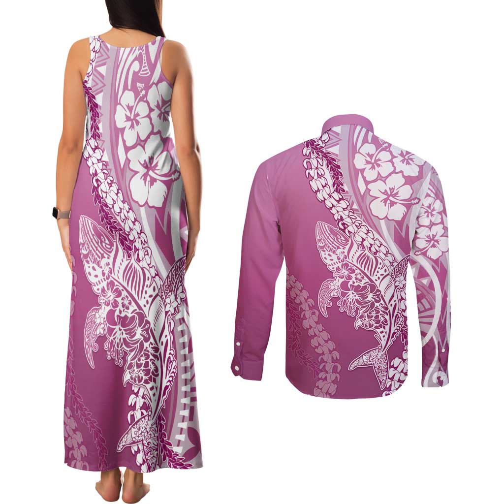 Hawaii Puakenikeni And Maile Lei Couples Matching Tank Maxi Dress and Long Sleeve Button Shirt Pink Polynesian Shark Tattoo DT05