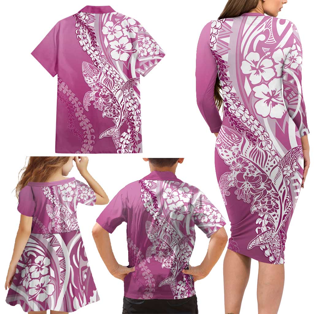 Hawaii Puakenikeni And Maile Lei Family Matching Long Sleeve Bodycon Dress and Hawaiian Shirt Pink Polynesian Shark Tattoo DT05