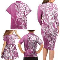 Hawaii Puakenikeni And Maile Lei Family Matching Long Sleeve Bodycon Dress and Hawaiian Shirt Pink Polynesian Shark Tattoo DT05