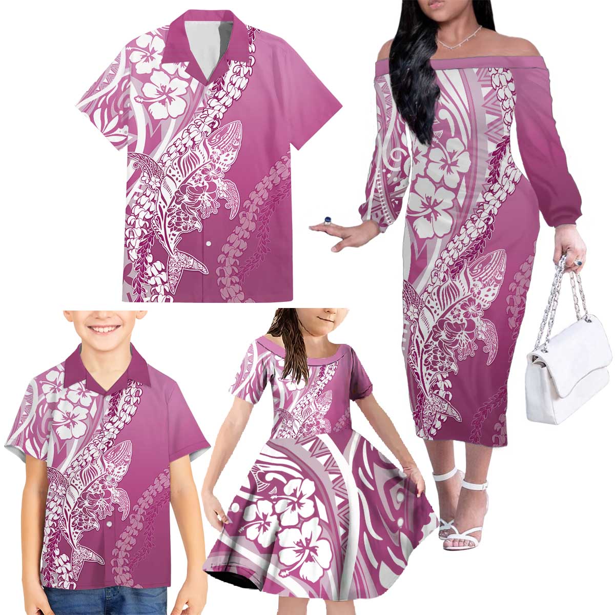 Hawaii Puakenikeni And Maile Lei Family Matching Off The Shoulder Long Sleeve Dress and Hawaiian Shirt Pink Polynesian Shark Tattoo DT05