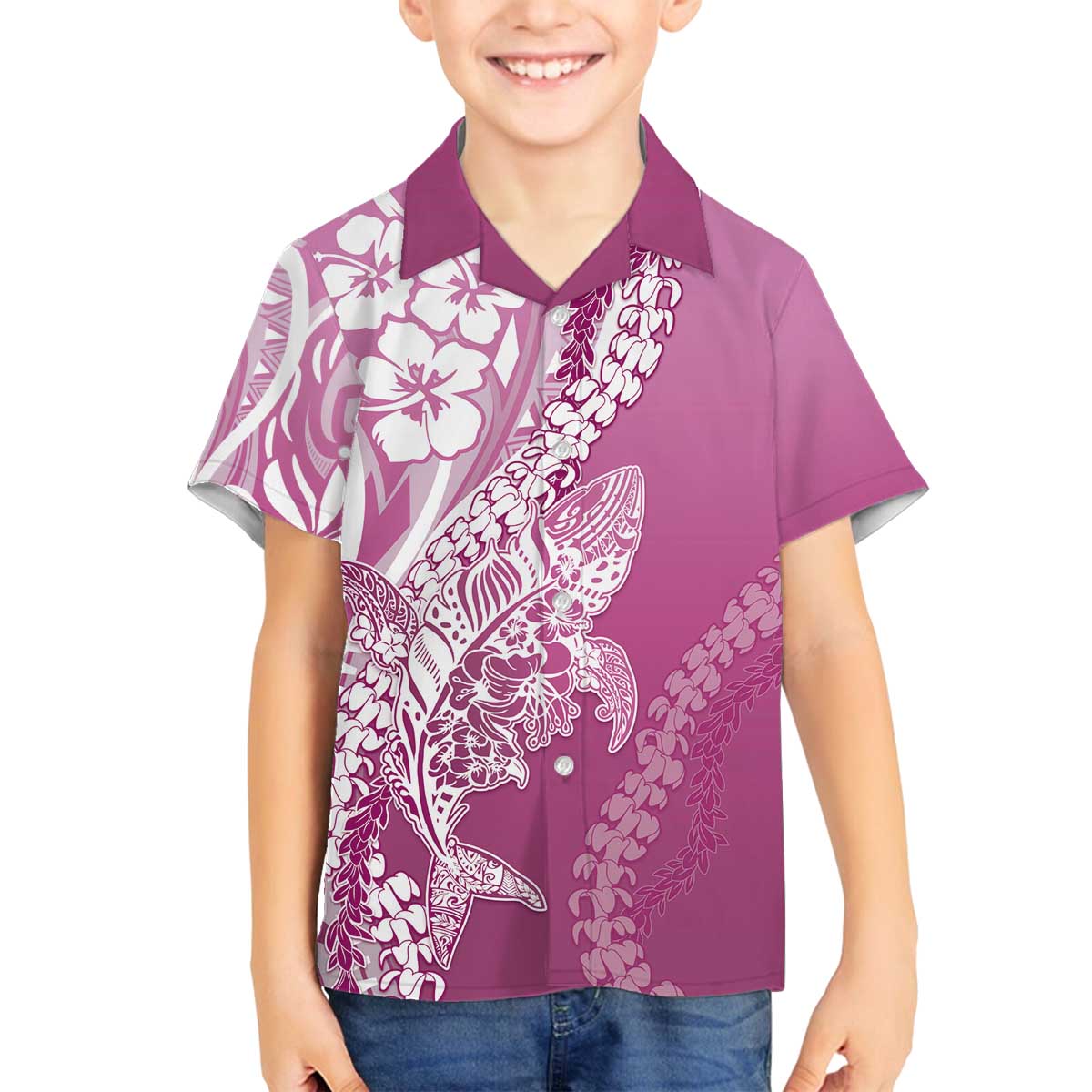 Hawaii Puakenikeni And Maile Lei Family Matching Off The Shoulder Long Sleeve Dress and Hawaiian Shirt Pink Polynesian Shark Tattoo DT05