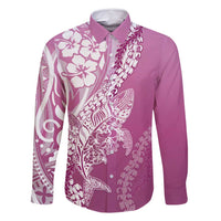 Hawaii Puakenikeni And Maile Lei Family Matching Off Shoulder Maxi Dress and Hawaiian Shirt Pink Polynesian Shark Tattoo DT05 Dad's Shirt - Long Sleeve Pink - Polynesian Pride