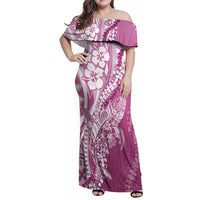 Hawaii Puakenikeni And Maile Lei Family Matching Off Shoulder Maxi Dress and Hawaiian Shirt Pink Polynesian Shark Tattoo DT05 Mom's Dress Pink - Polynesian Pride