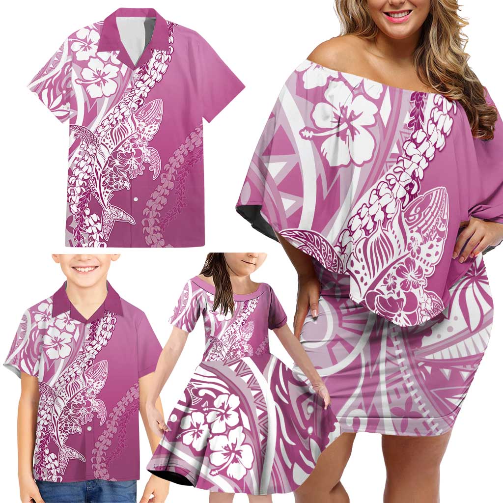 Hawaii Puakenikeni And Maile Lei Family Matching Off Shoulder Short Dress and Hawaiian Shirt Pink Polynesian Shark Tattoo DT05