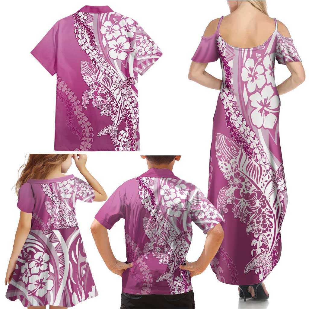 Hawaii Puakenikeni And Maile Lei Family Matching Summer Maxi Dress and Hawaiian Shirt Pink Polynesian Shark Tattoo DT05 - Polynesian Pride