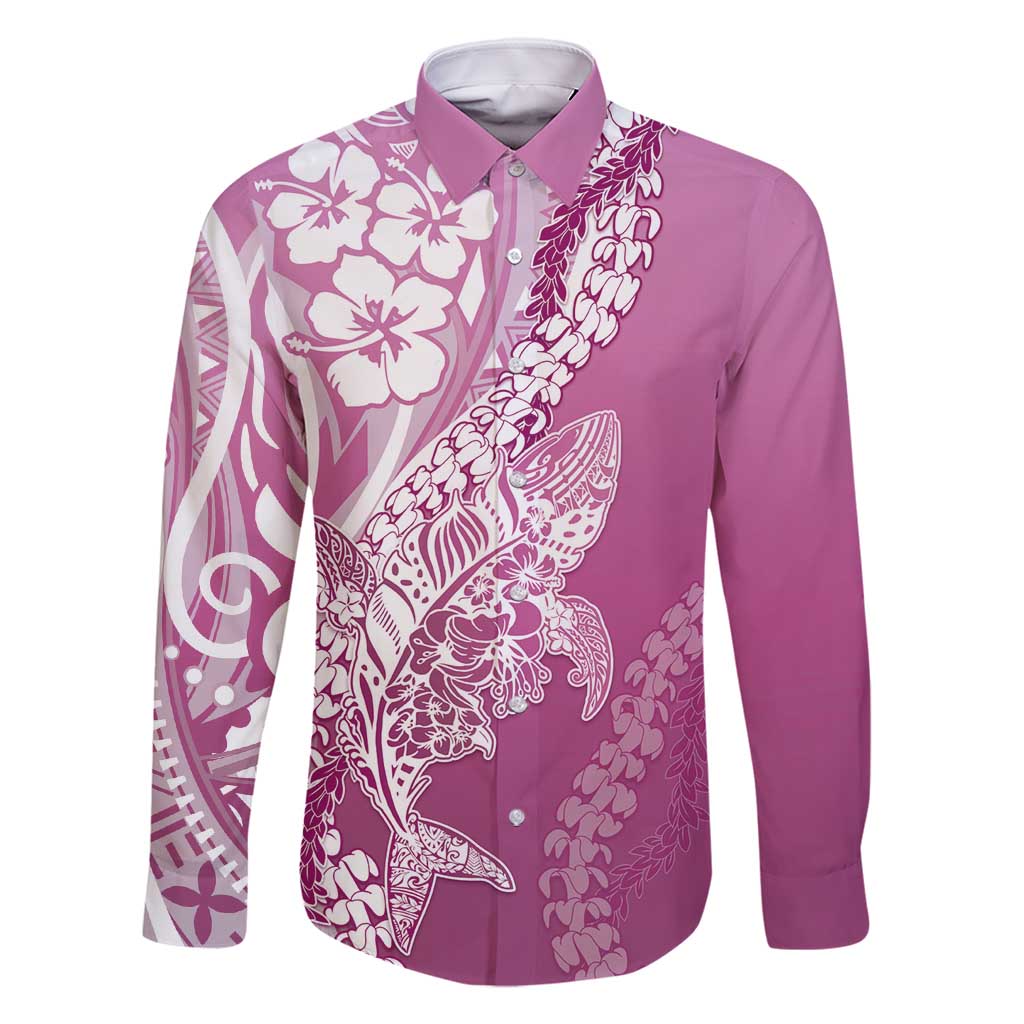 Hawaii Puakenikeni And Maile Lei Family Matching Summer Maxi Dress and Hawaiian Shirt Pink Polynesian Shark Tattoo DT05 Dad's Shirt - Long Sleeve Pink - Polynesian Pride