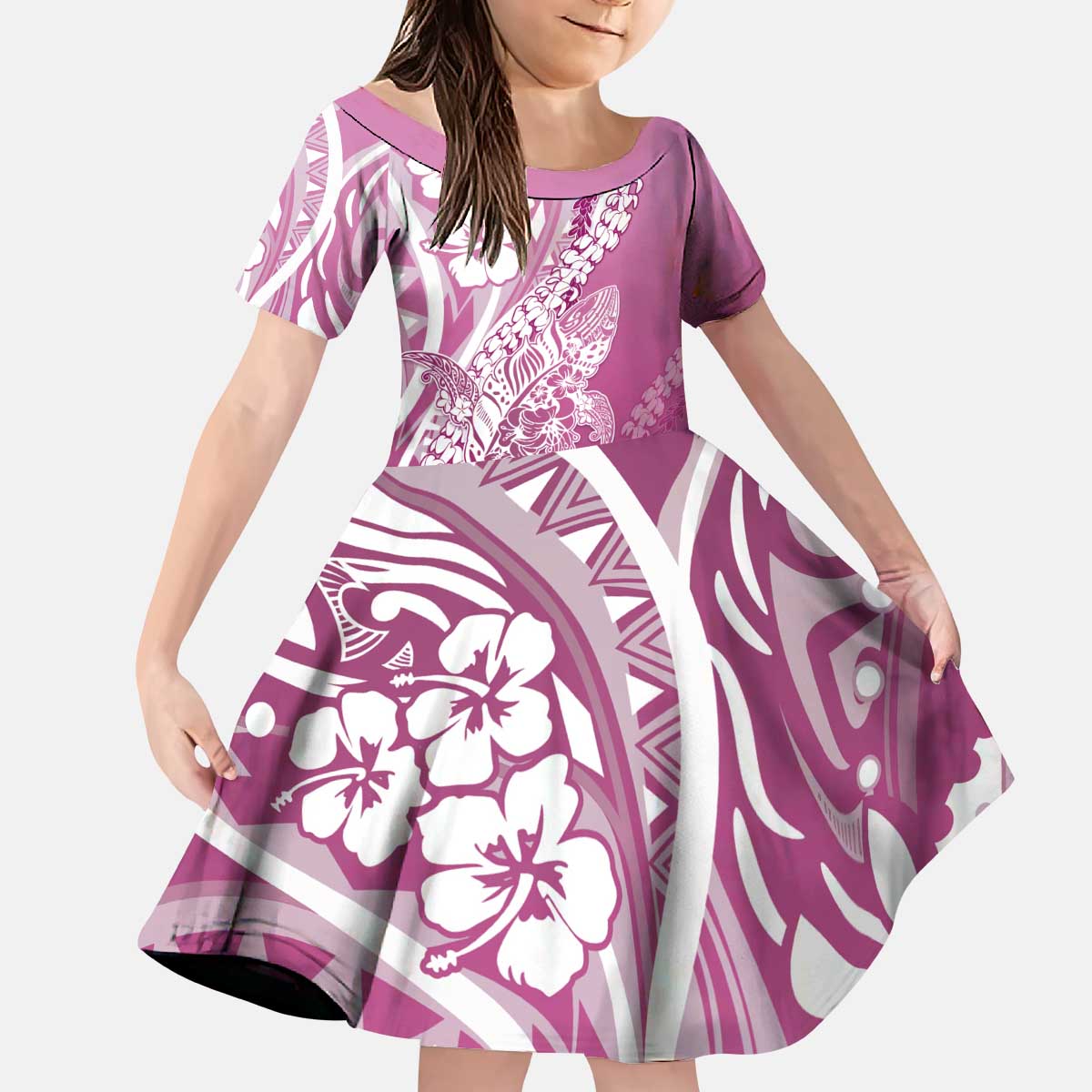 Hawaii Puakenikeni And Maile Lei Kid Short Sleeve Dress Pink Polynesian Shark Tattoo DT05 KID Pink - Polynesian Pride