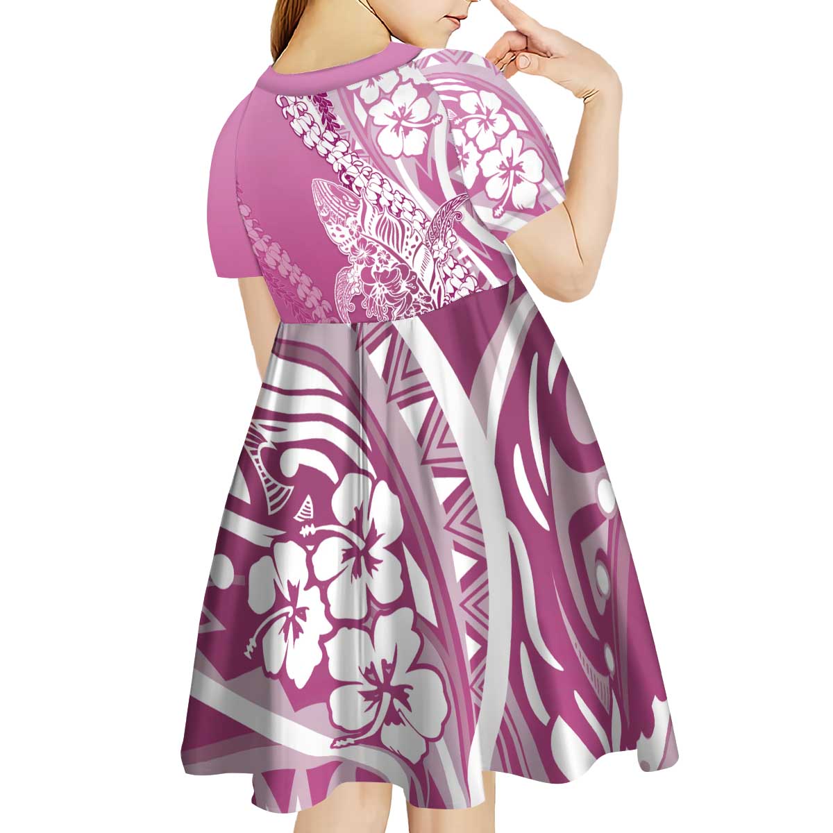 Hawaii Puakenikeni And Maile Lei Kid Short Sleeve Dress Pink Polynesian Shark Tattoo DT05 - Polynesian Pride